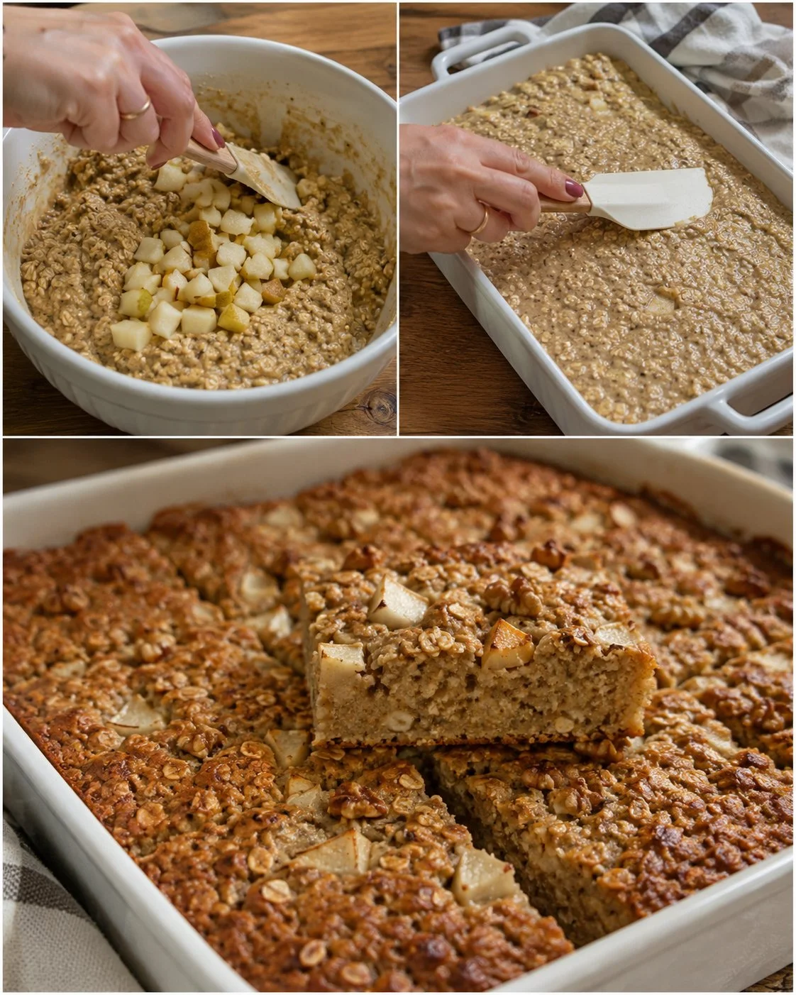 Pear Walnut Baked Oatmeal Cake topped with fresh pear and walnut pieces
