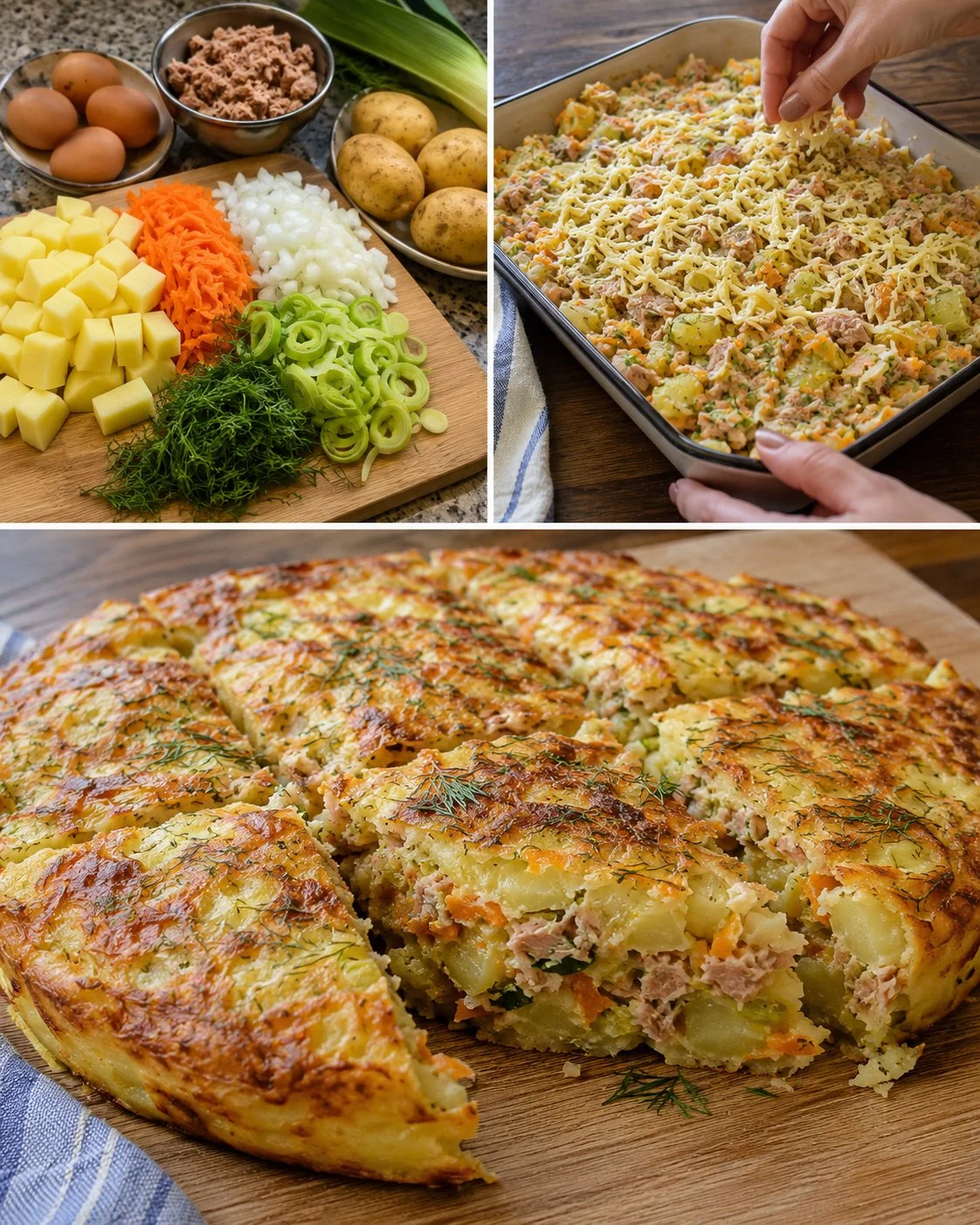 Baked Potato Tuna vegetable dish in a casserole dish ready to serve