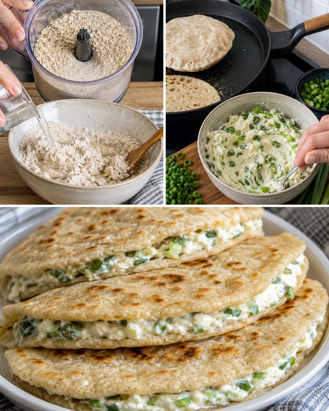 Puffy oat flatbreads topped with cream cheese and spring onion on a plate.