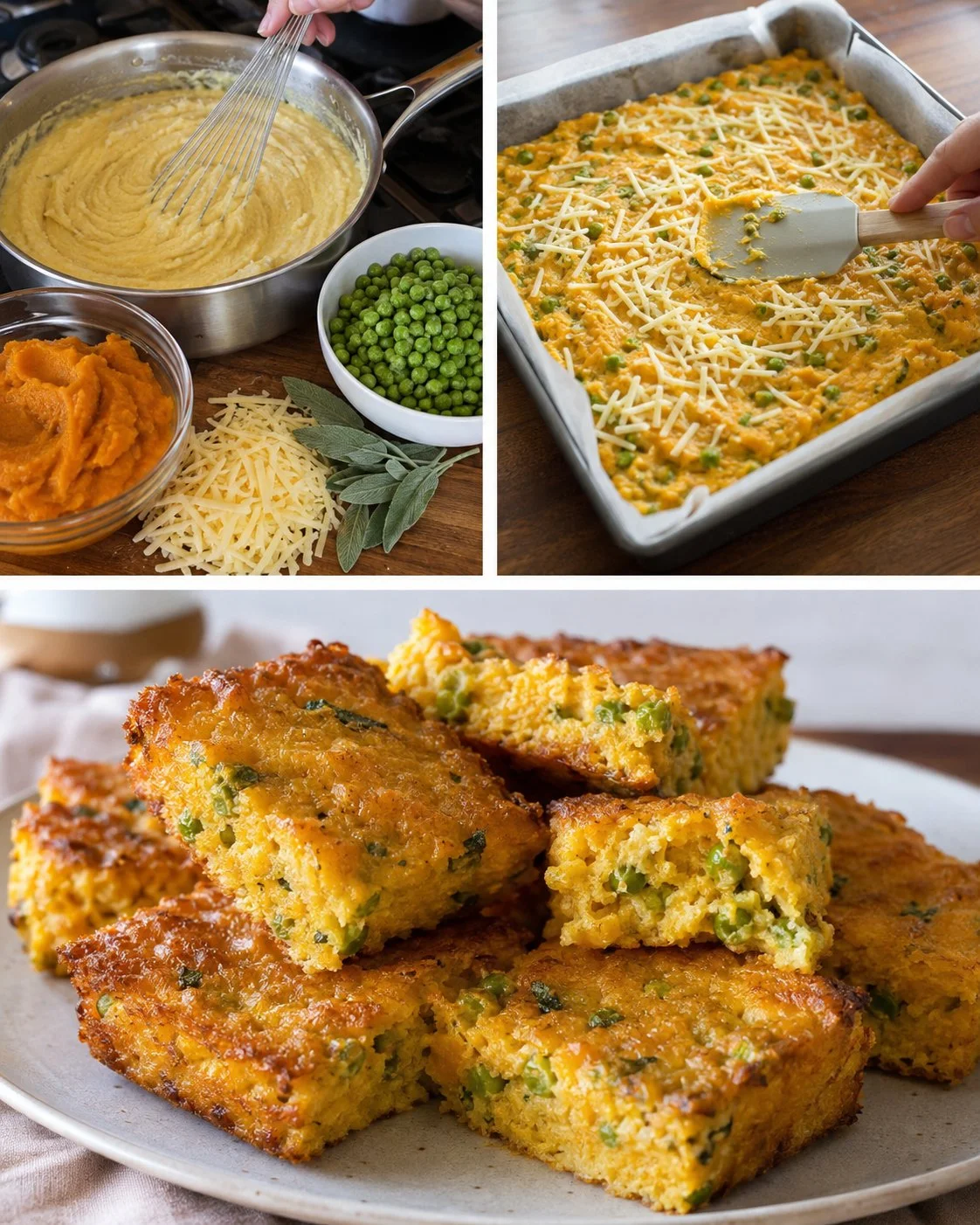 Pumpkin, green pea, and sage polenta squares served on a plate