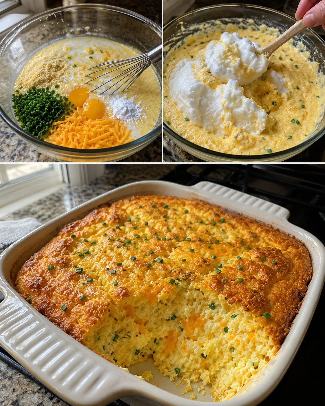 Bowl of quick cheddar chive spoon bread ready to serve