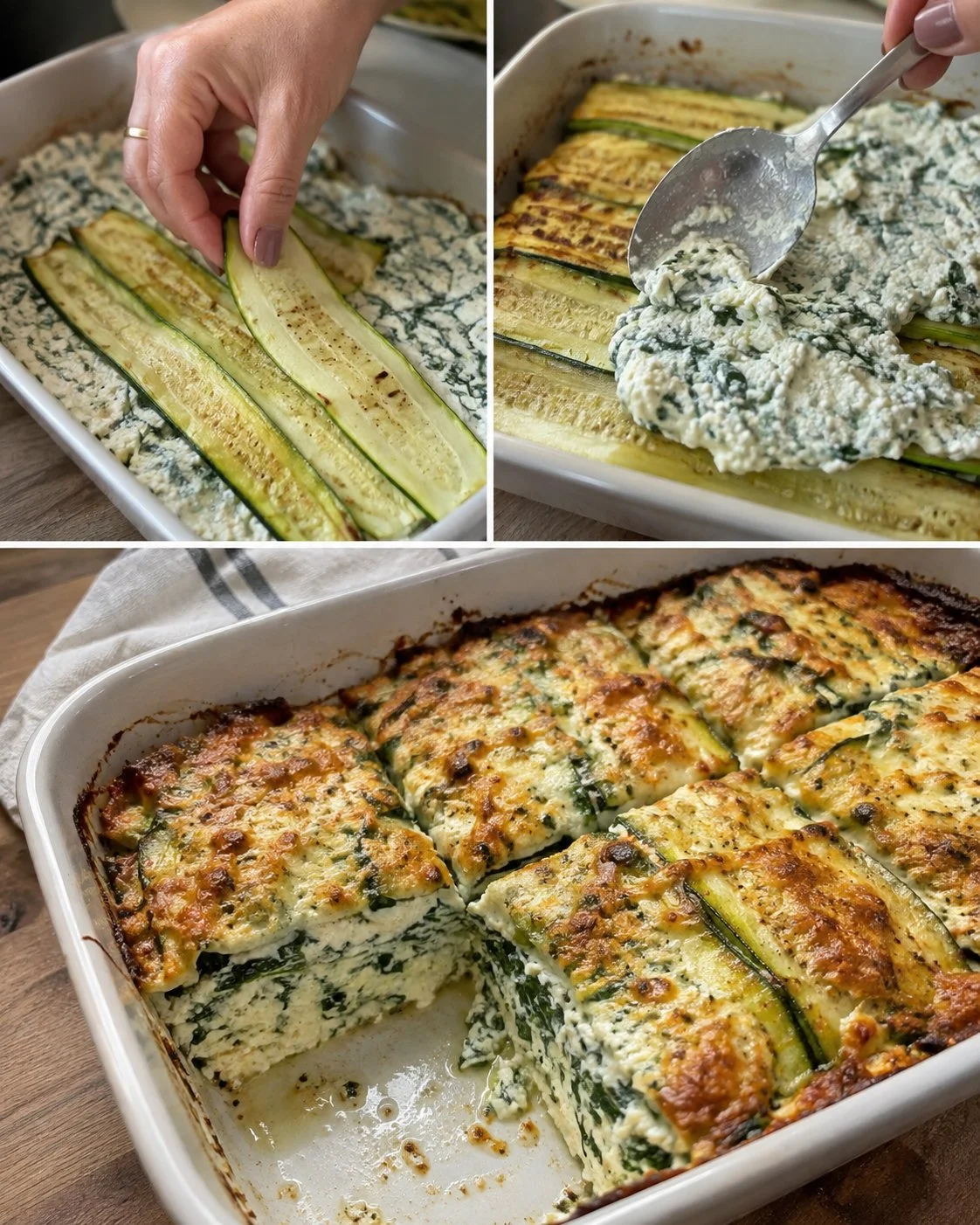 Delicious ricotta spinach zucchini layer bake fresh out of the oven.