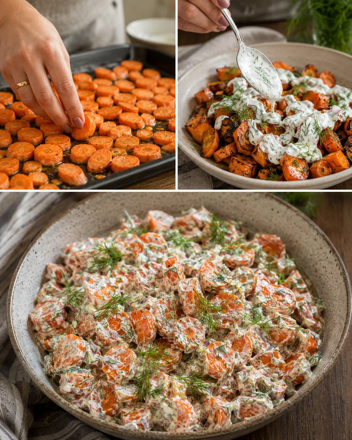 Roasted carrot dill yogurt salad served in a bowl with fresh herbs.