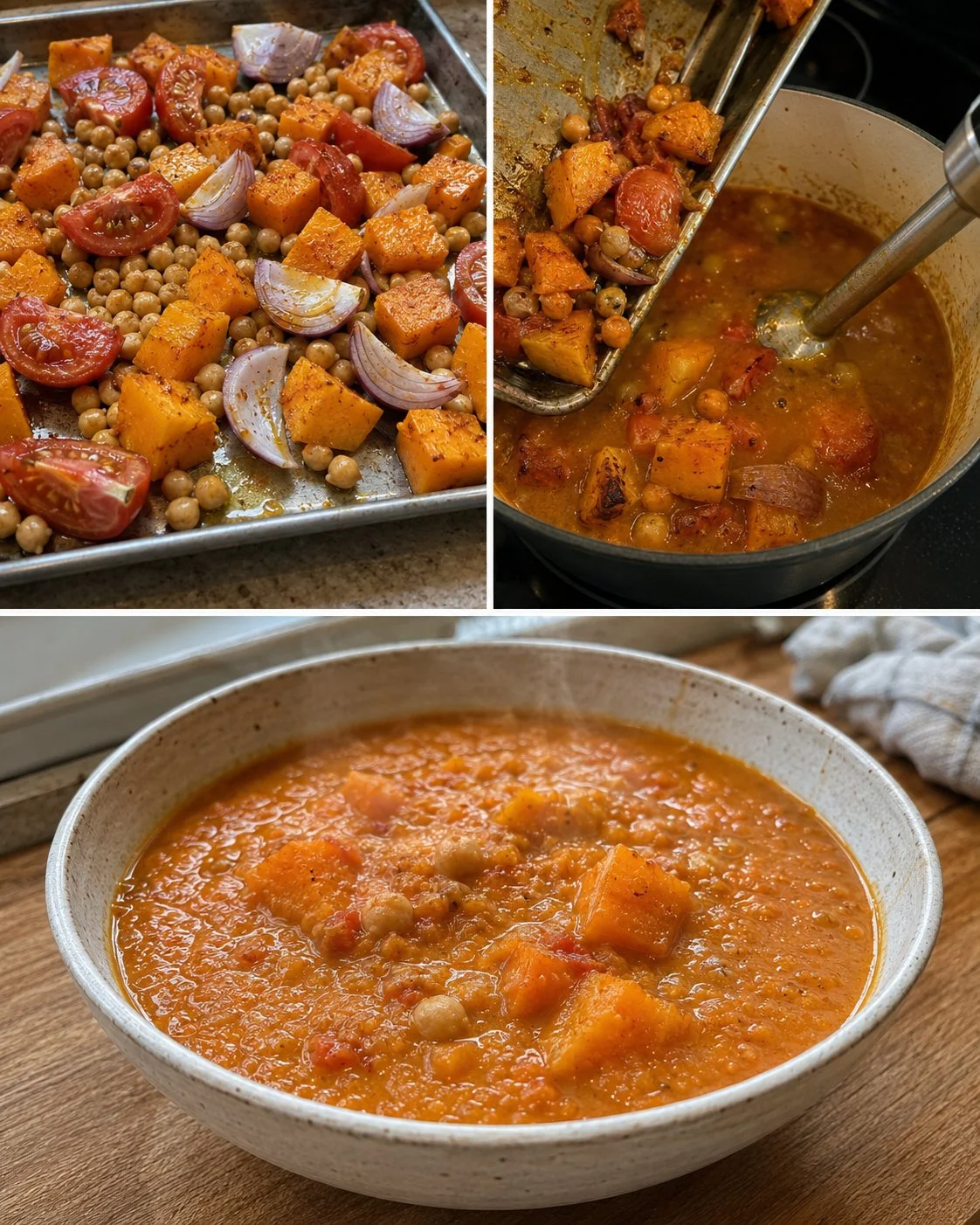 Bowl of roasted pumpkin, tomato, and chickpea soup garnished with herbs.