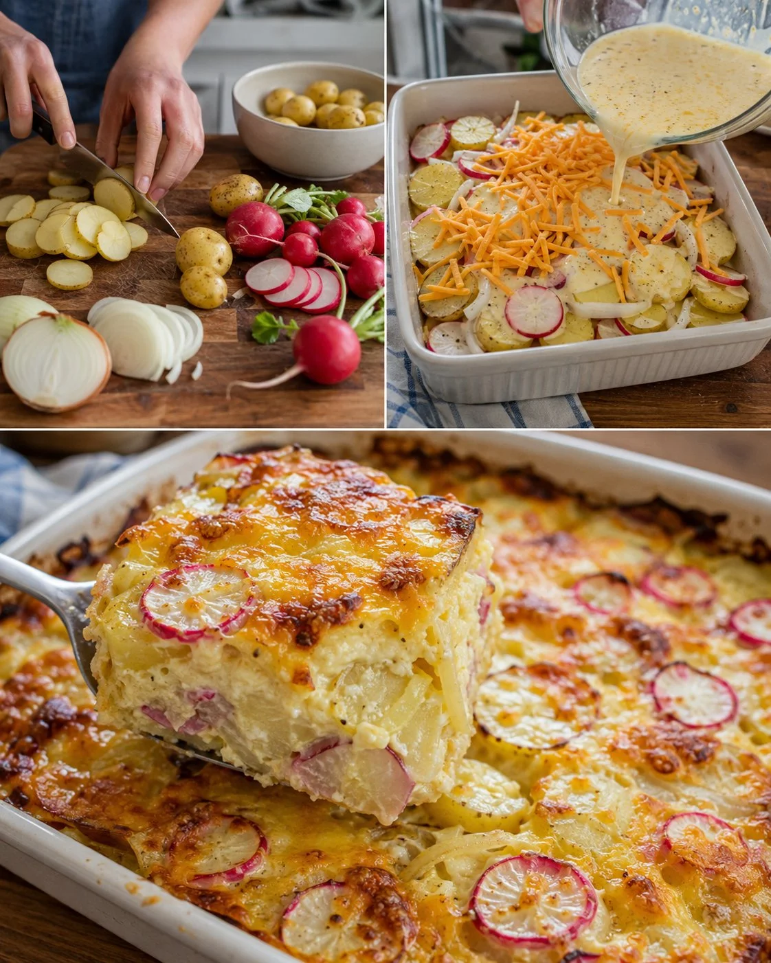 Roasted radish and potato cheese bake dish topped with melted cheese.