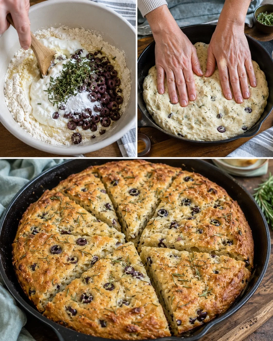 Freshly baked rosemary olive no-yeast skillet bread in a skillet