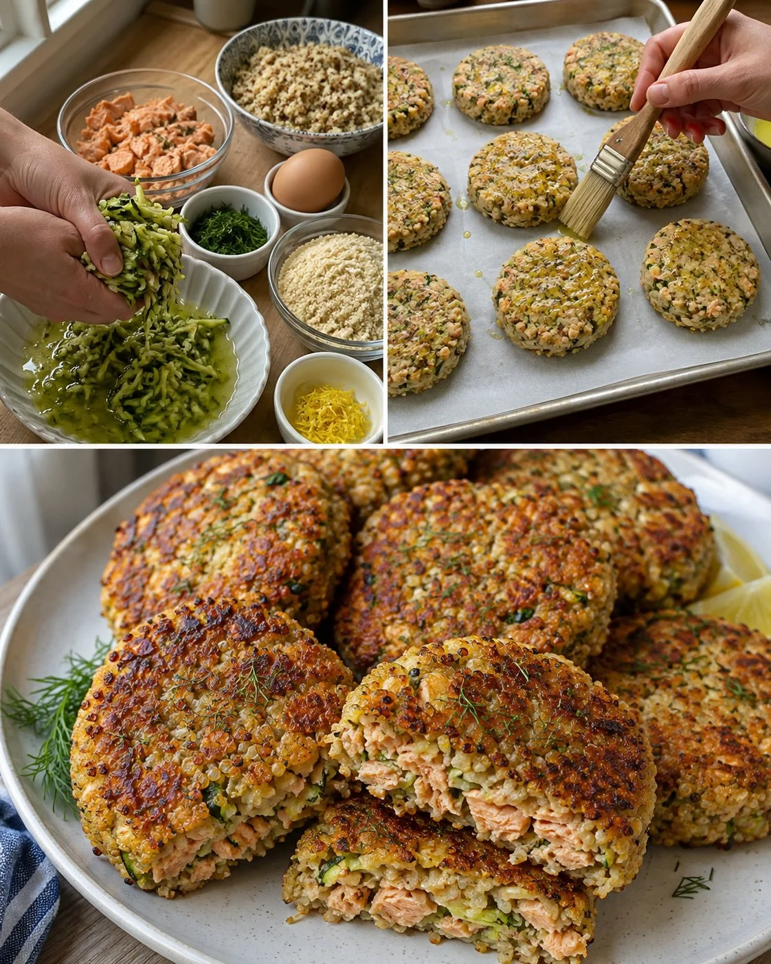 Salmon, zucchini, and dill quinoa patties served on a plate