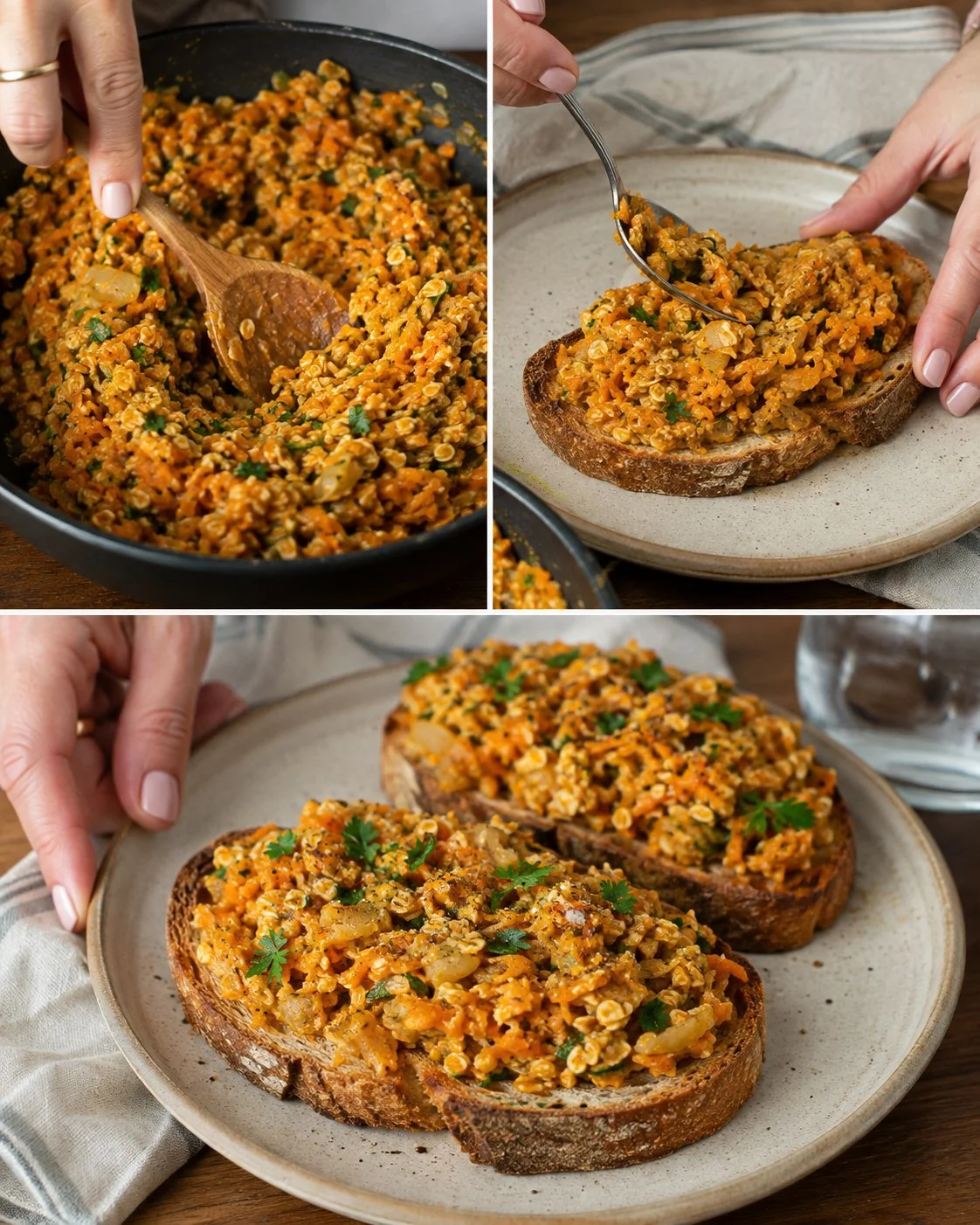 Savory carrot oat toast topped with fresh vegetables and herbs