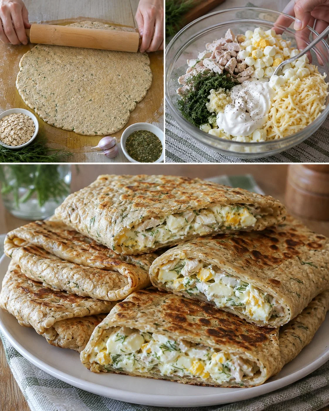 Savory oat flatbreads filled with chicken and egg, a nutritious meal option.