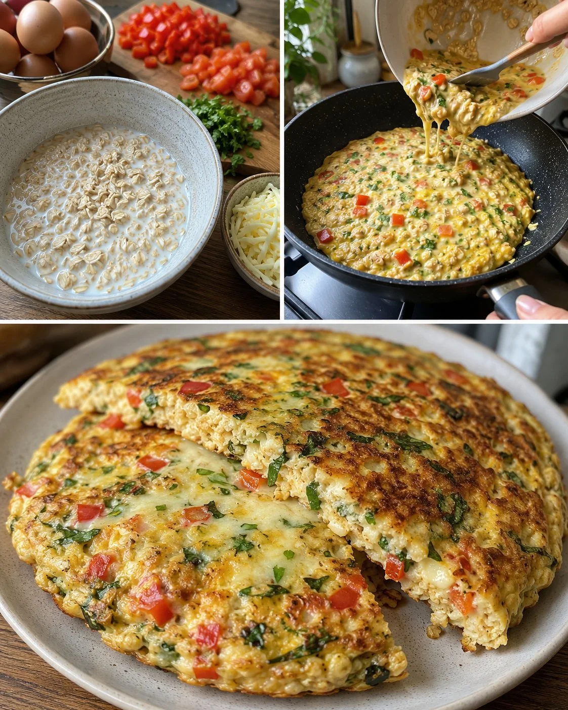Savory oatmeal omelet with fresh vegetables in a skillet