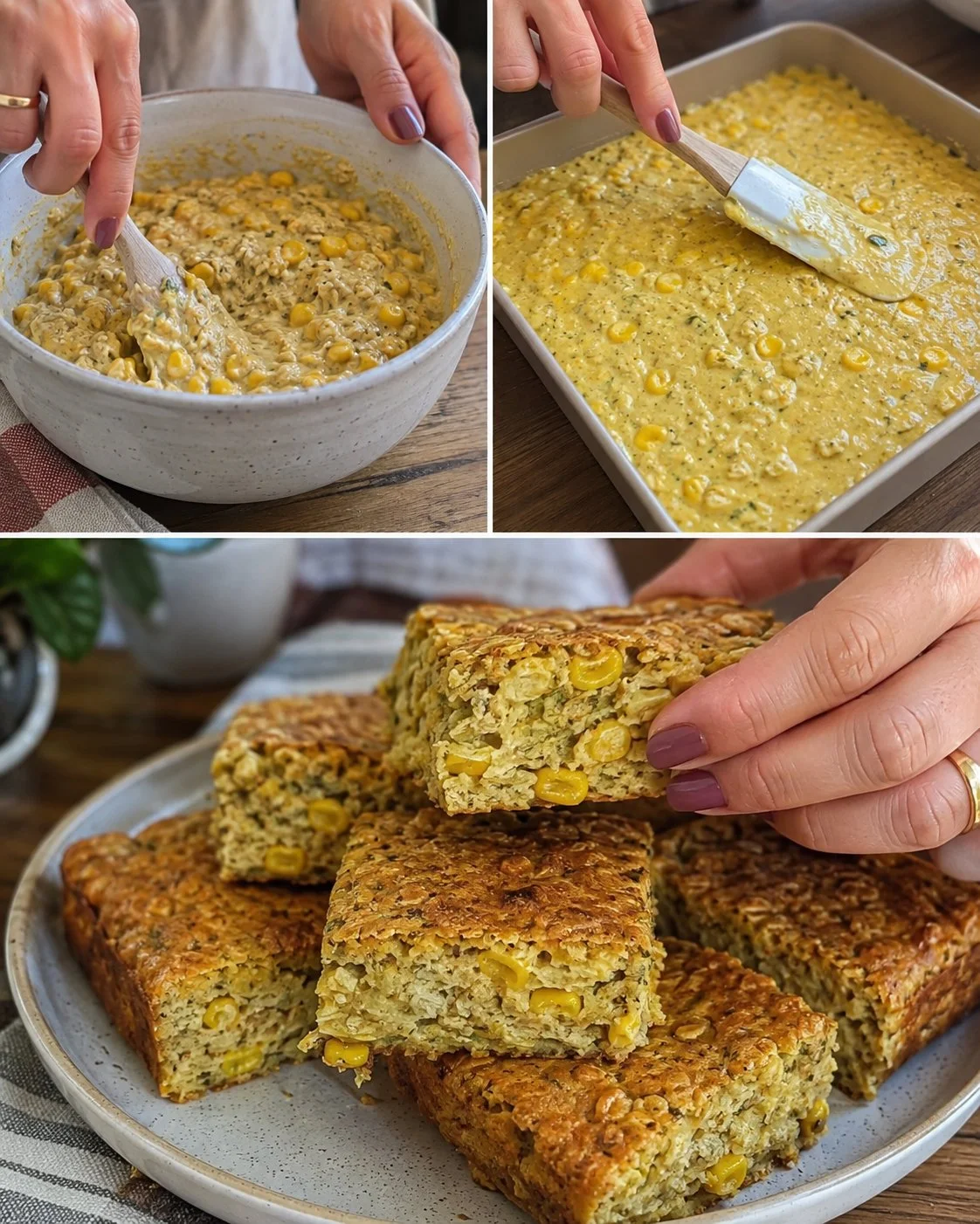 Savory sweet corn oat breakfast squares served on a wooden plate.