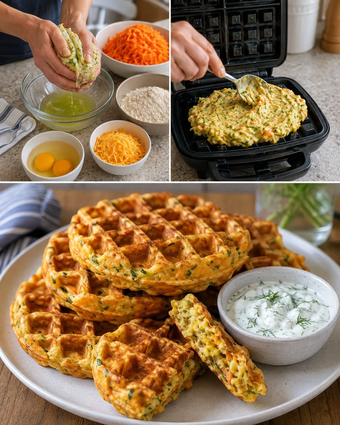 Savory zucchini and carrot waffles served with herb yogurt