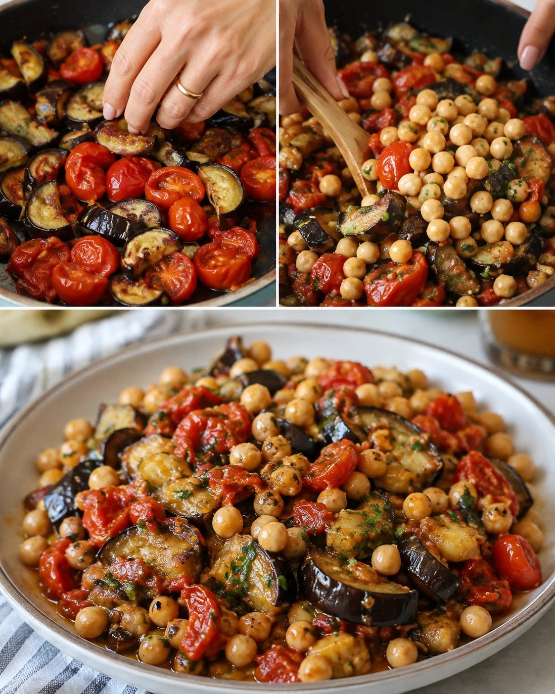 Colorful Soft Eggplant Tomato Chickpea Salad with fresh ingredients.