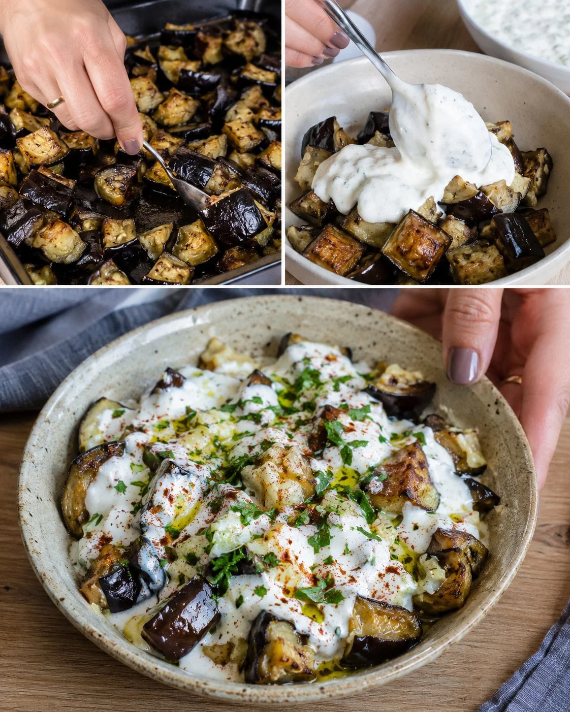 Soft eggplant yogurt garlic bowl topped with herbs and served in a rustic bowl.