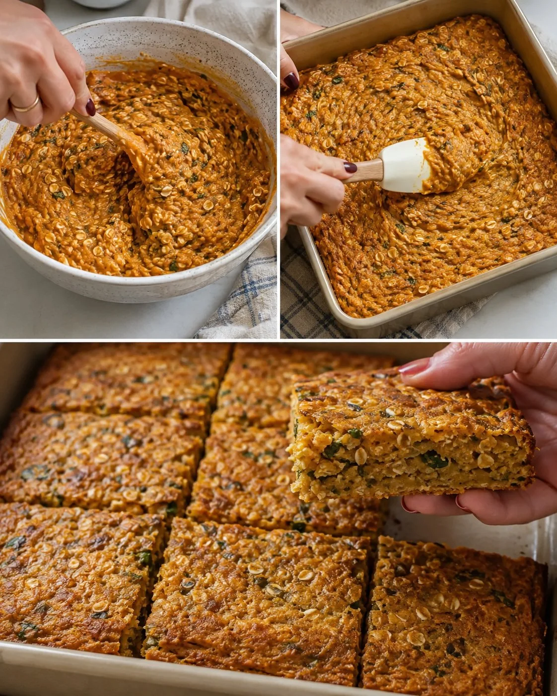 Soft pumpkin oat dinner squares served on a plate with a drizzle of honey.