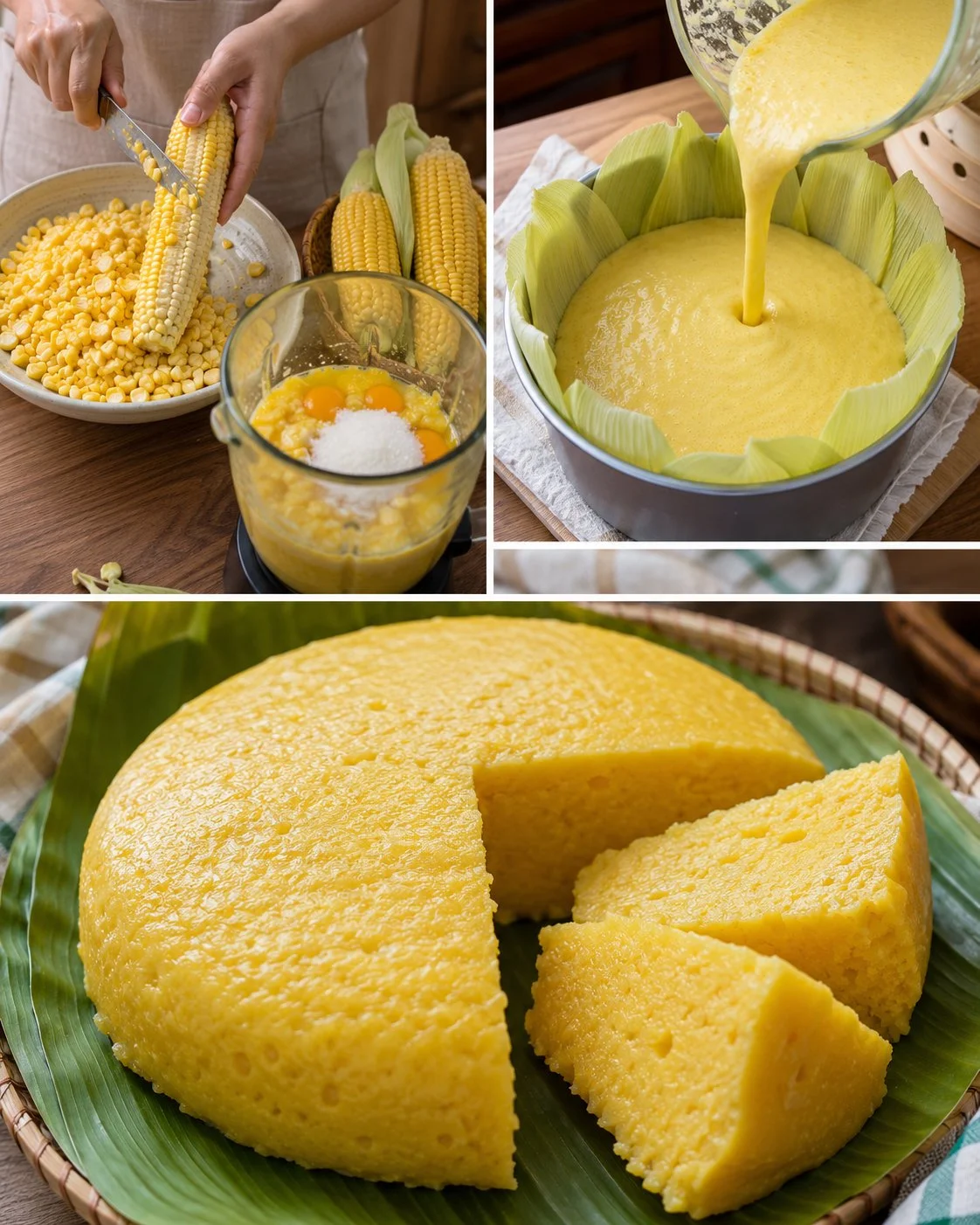 Delicious soft steamed corn cake served on a plate.