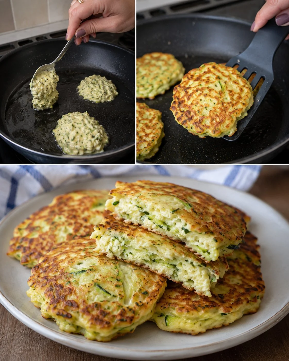 Soft zucchini ricotta skillet pancakes served on a plate with toppings