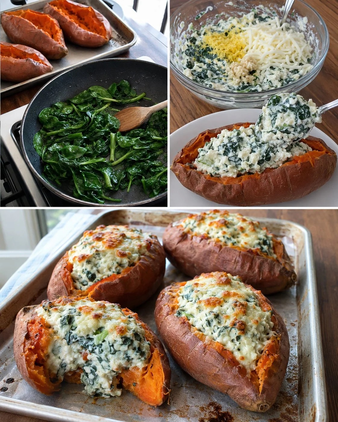 Spinach and ricotta stuffed sweet potatoes served on a plate