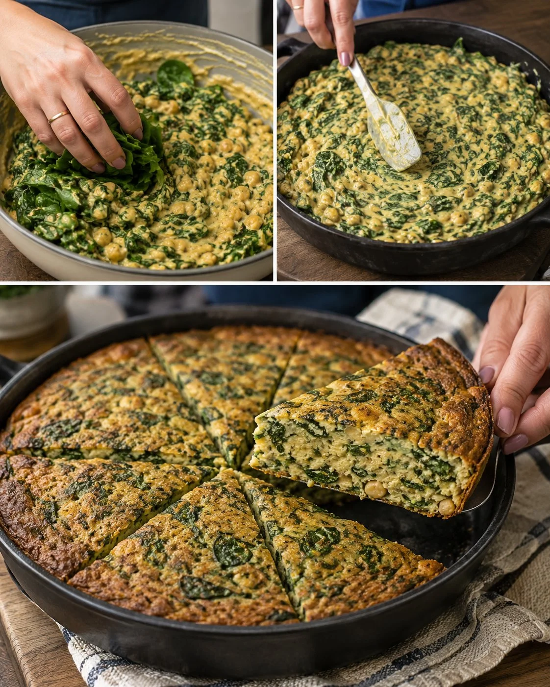 Spinach chickpea skillet pie garnished and served in a cast iron pan