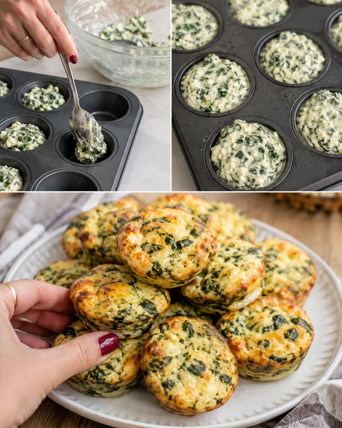 Delicious spinach ricotta breakfast cups served on a white plate