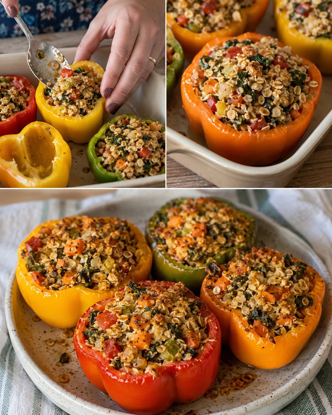 Healthy stuffed bell pepper oat bake served in a rustic dish