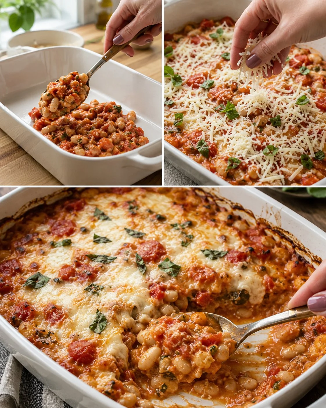 Delicious Tomato Basil White Bean Bake served in a rustic dish