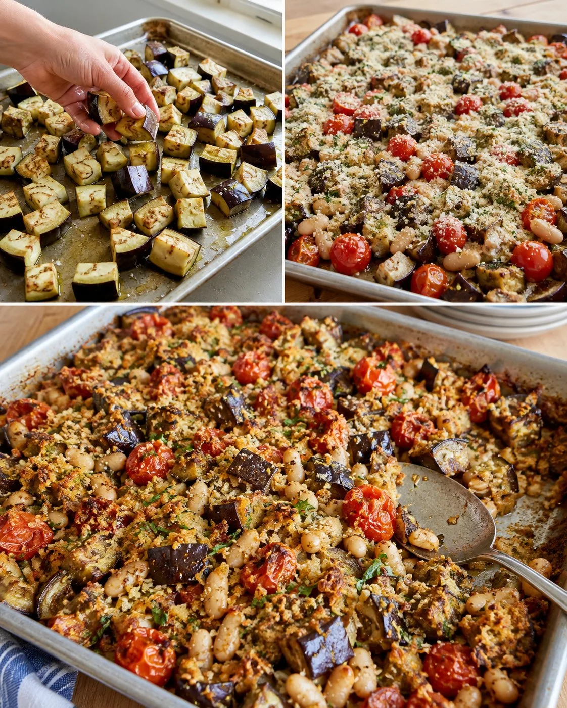 Tomato, eggplant, and white bean tray bake with herbed crumbs