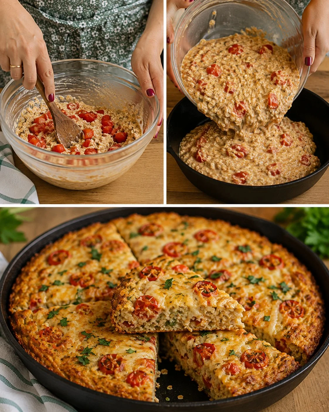 Savory Tomato Oat Bake prepared in a skillet, garnished with fresh herbs.