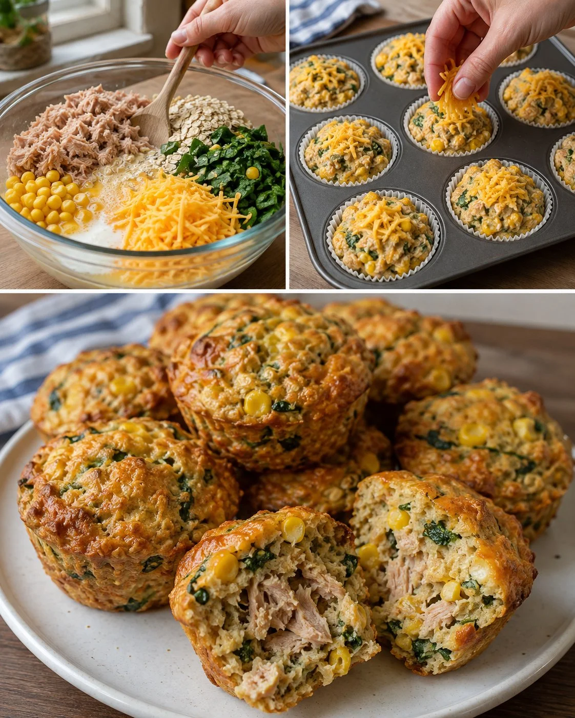 Tuna, spinach, and sweetcorn savory oat muffins on a wooden plate.