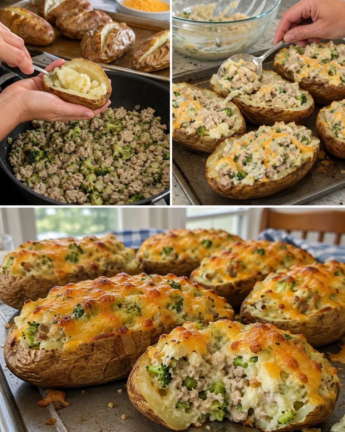 Turkey and Broccoli Stuffed Potato Boats recipe with toppings