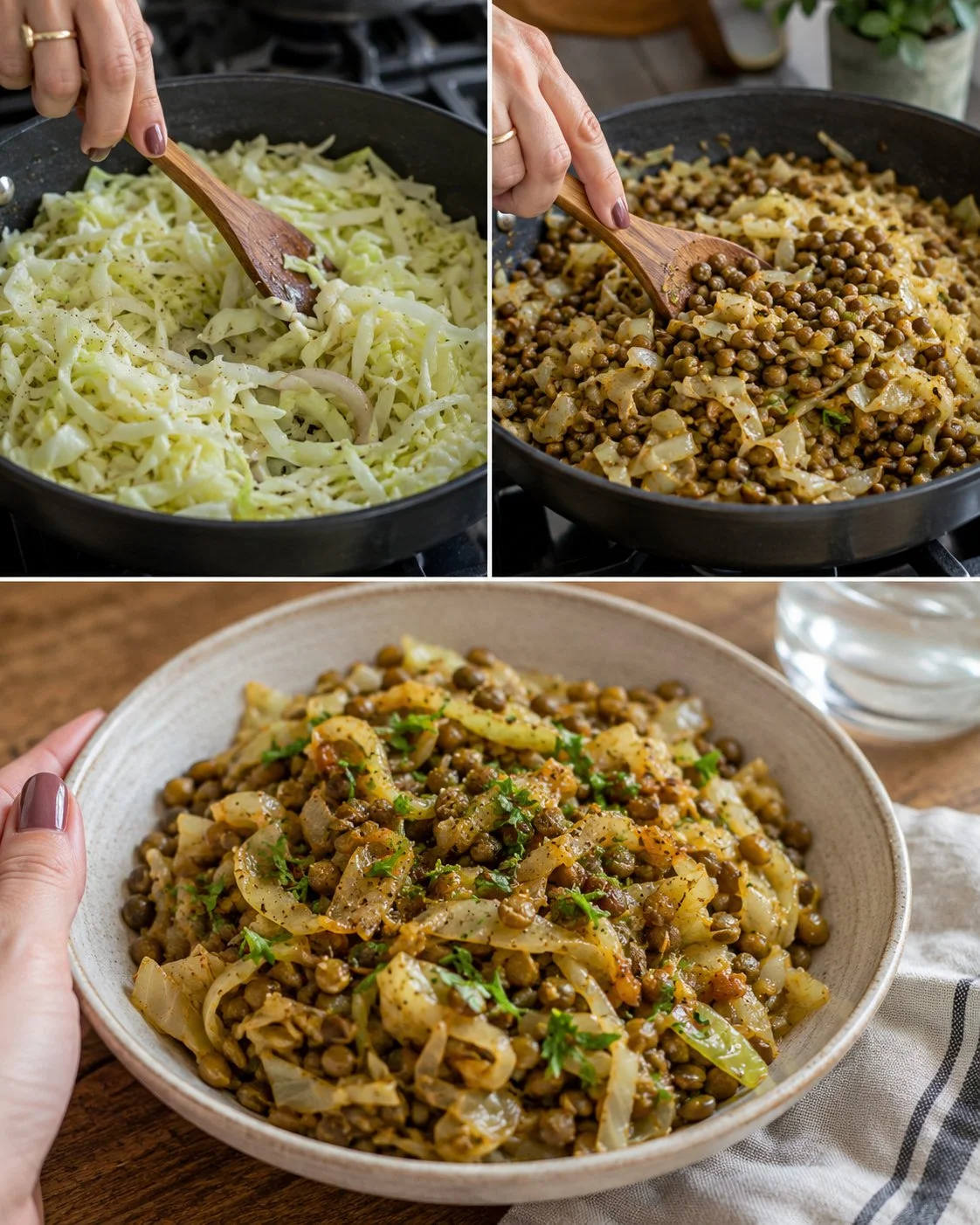 Warm cabbage lentil skillet bowl topped with fresh herbs and spices