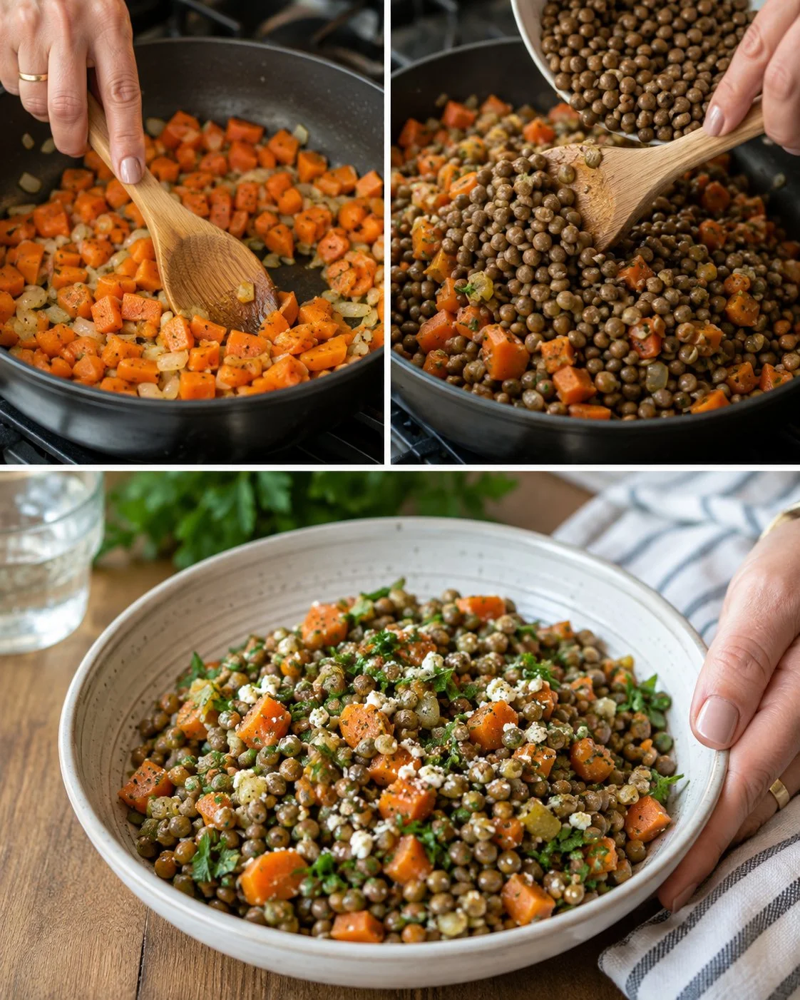 A vibrant Warm Lentil Carrot Salad served in a skillet, showcasing colorful ingredients.