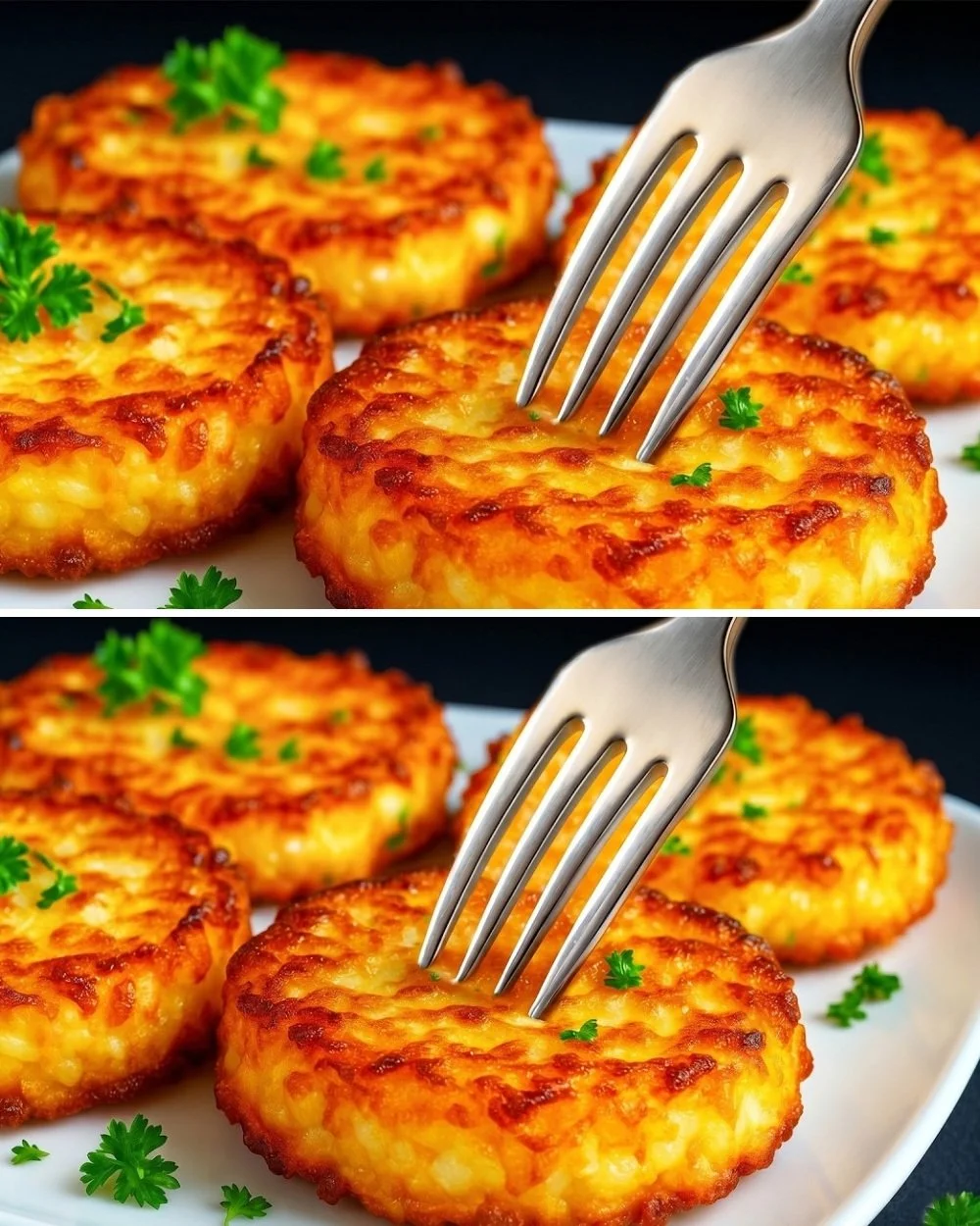 Crispy zucchini and potato fritters on a plate, garnished with herbs.