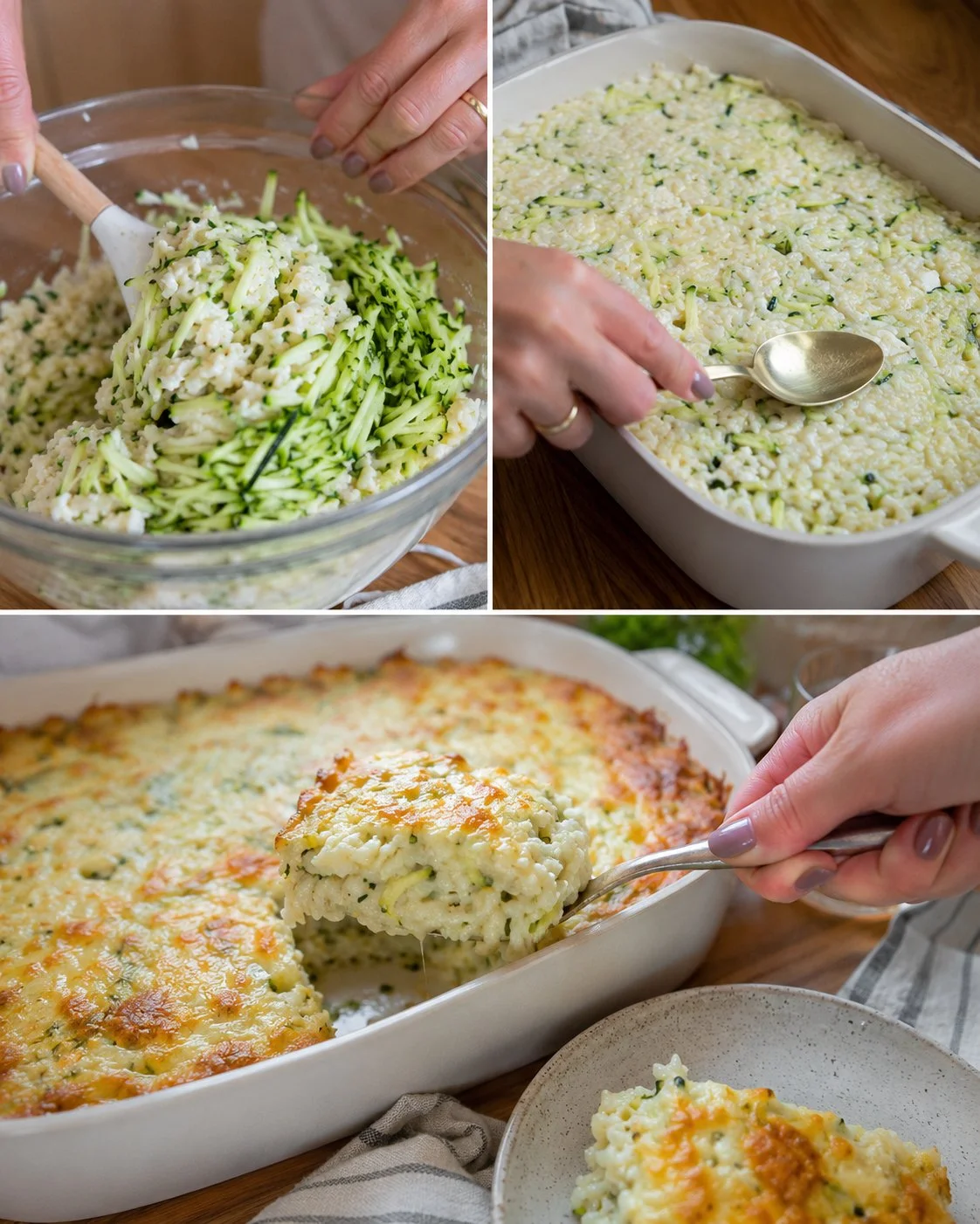 Zucchini Mozzarella Rice Bake with melted cheese and fresh zucchini slices