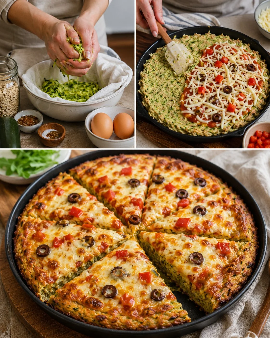Healthy Zucchini Oat Pizza Bake topped with fresh vegetables and cheese