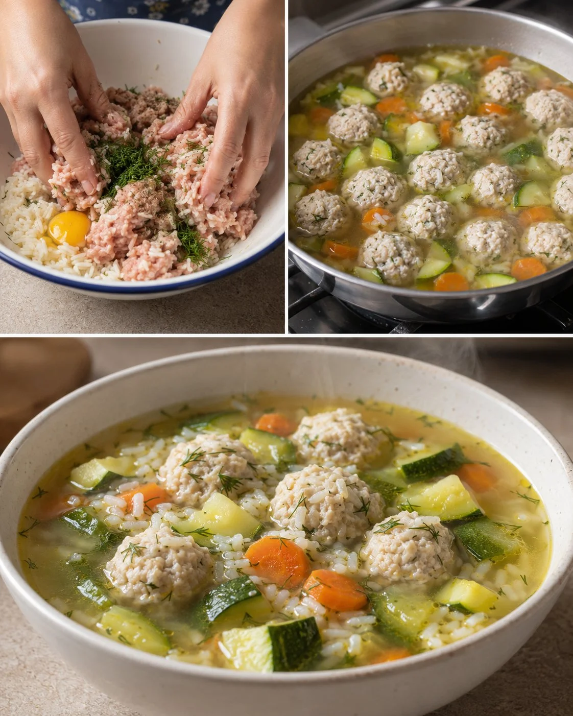 Delicious bowl of turkey meatball soup with zucchini and rice
