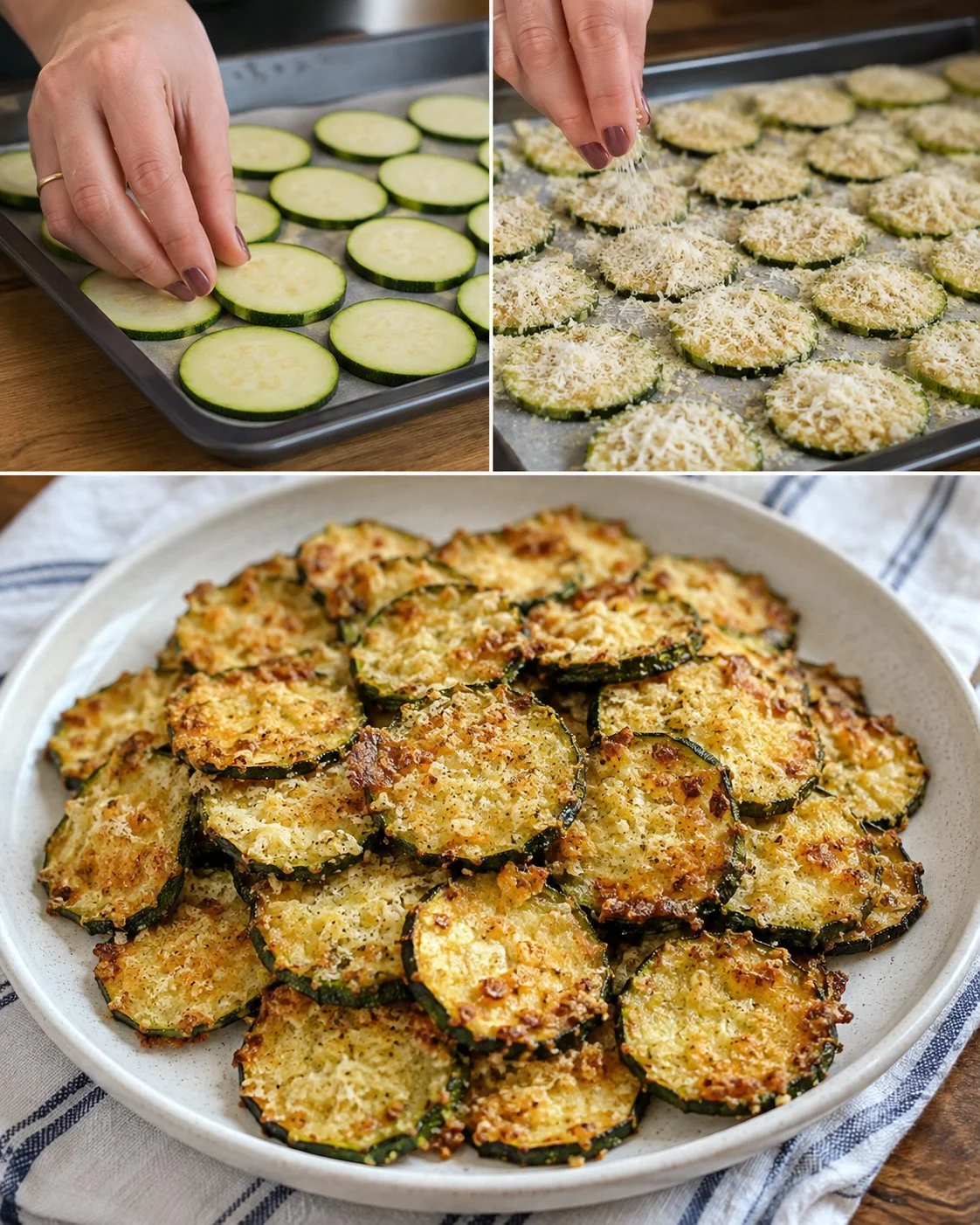 Baked Parmesan Zucchini Chips seasoned and crispy on a plate