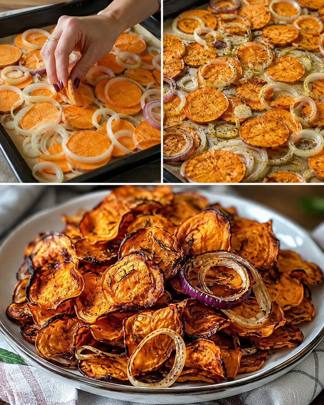 Baked sweet potato onion chips served in a bowl.