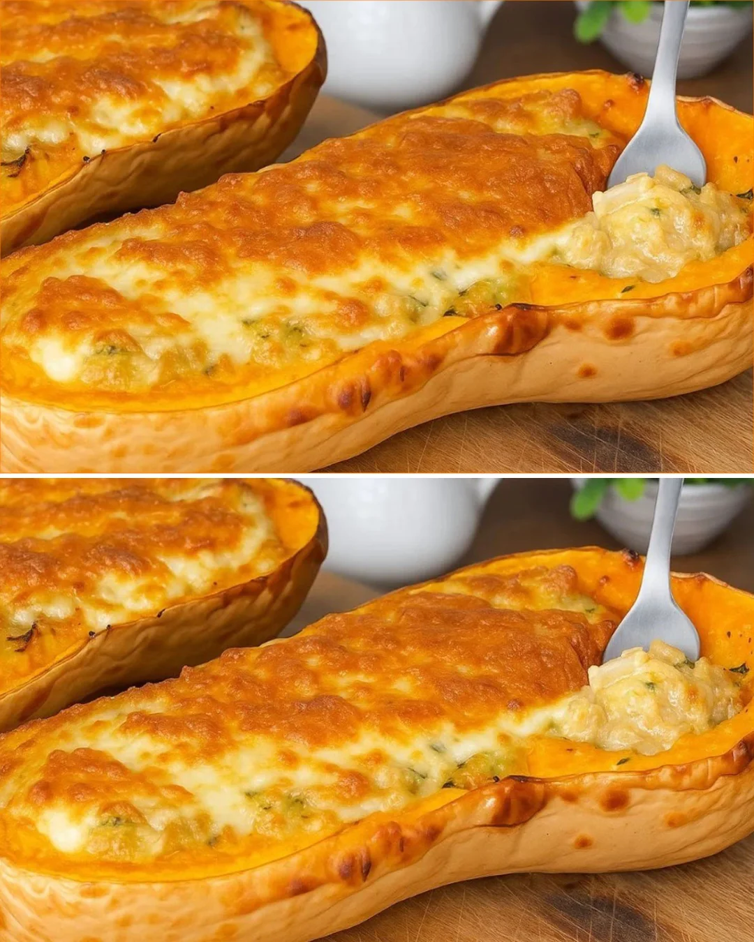 Butternut squash gratin with creamy mushroom sauce served in a baking dish