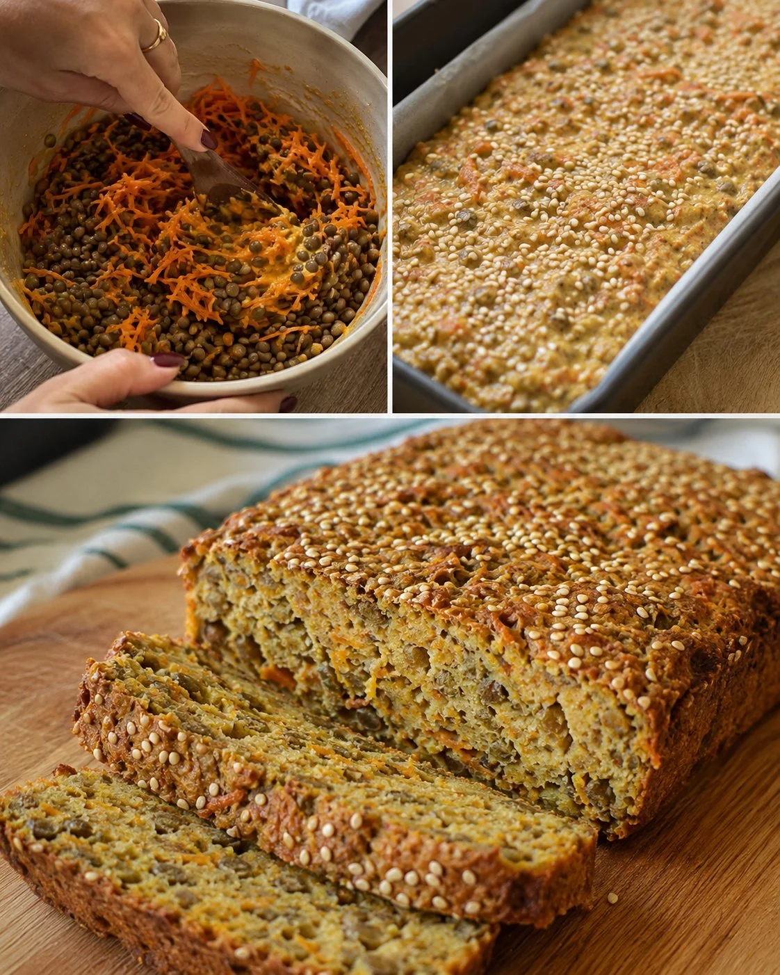 Freshly baked Carrot Sesame Lentil Bread with vibrant carrots and sesame seeds