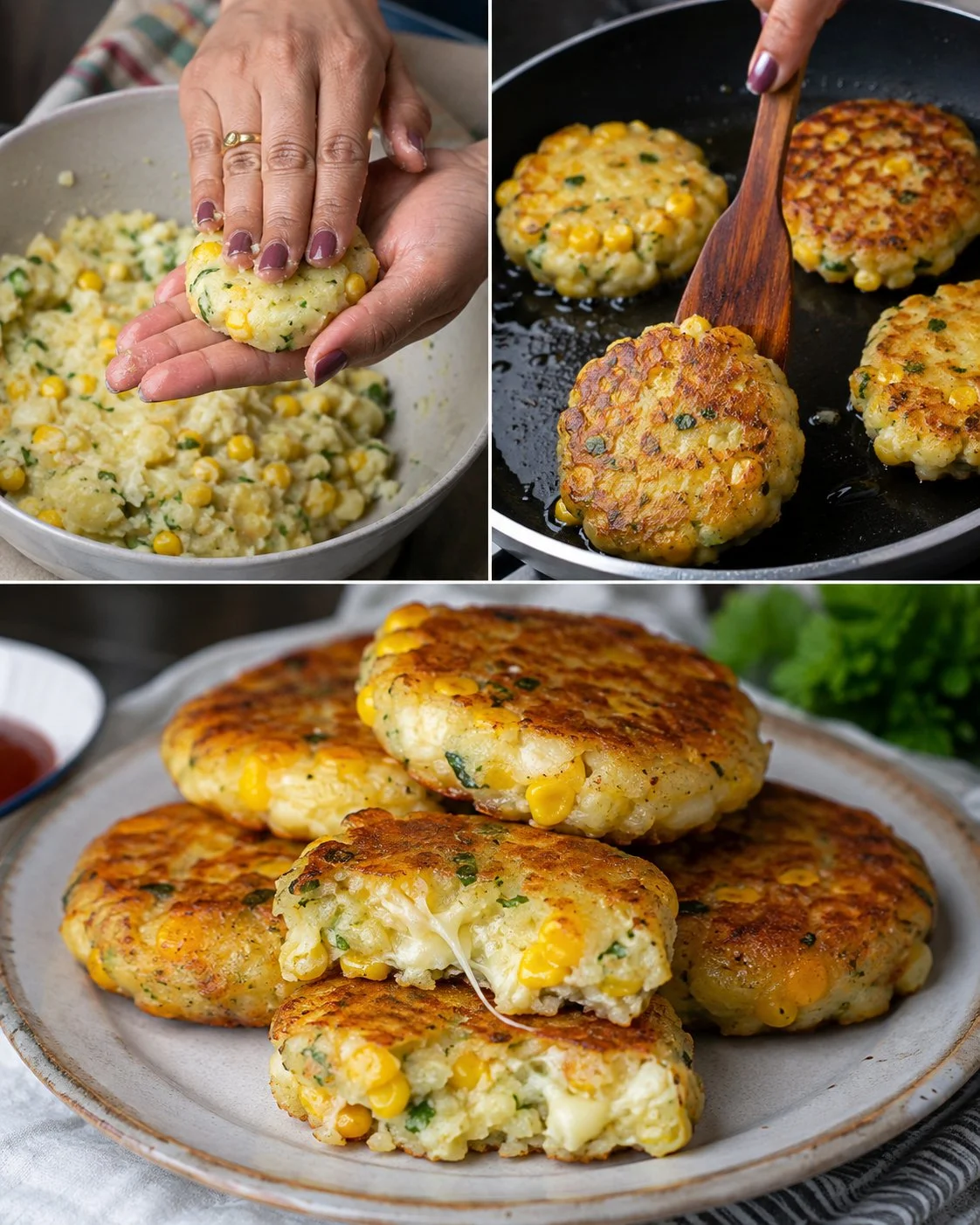 Cheesy corn potato patties served on a plate with dipping sauce