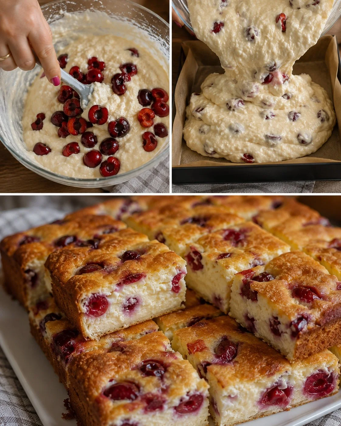 Delicious cherry cottage cheese slice on a plate with fresh cherries