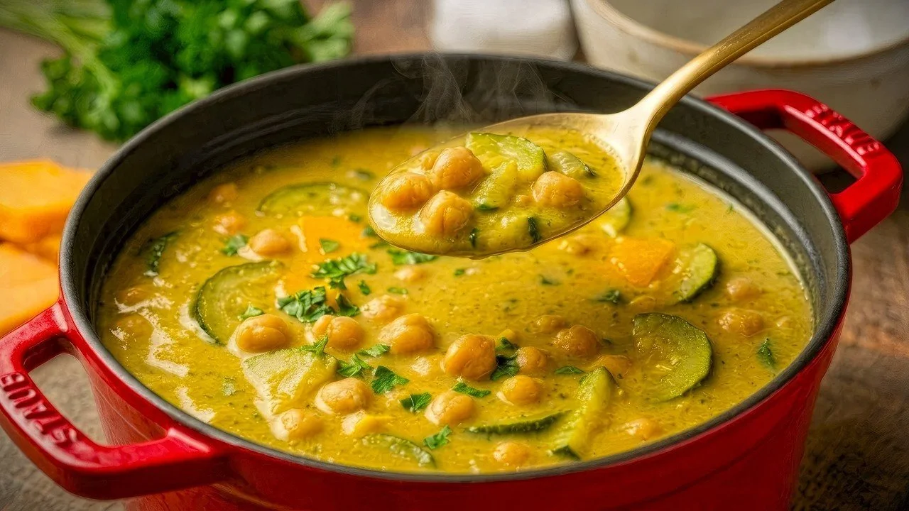 Bowl of chickpea zucchini soup, a healthy dish for weight management over 50