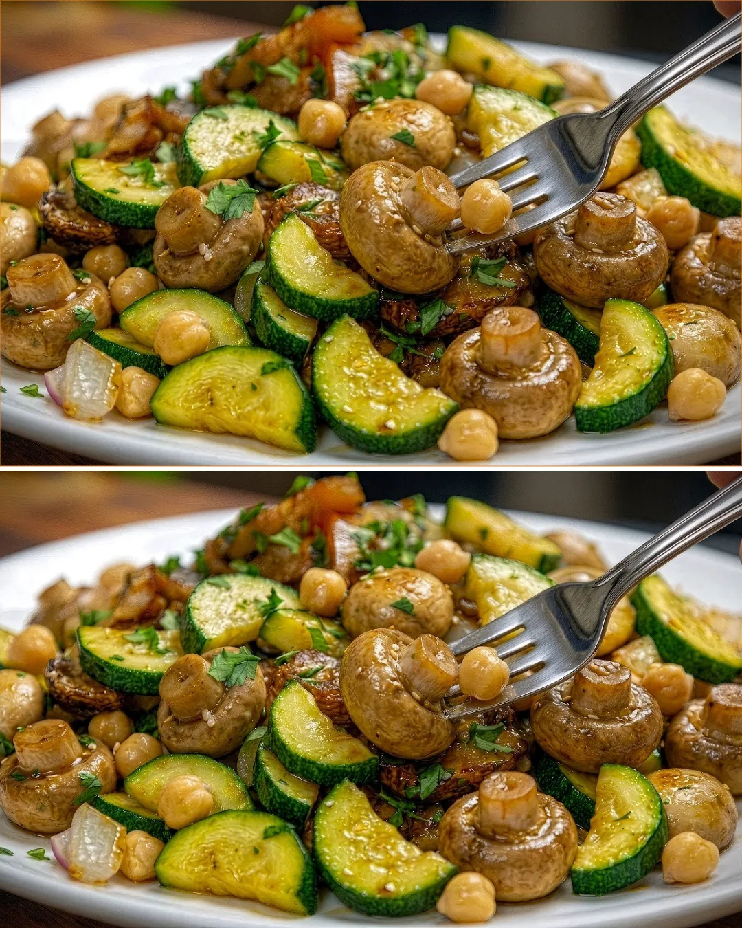 Chickpeas with mushrooms and zucchini cooked in a pan for a tasty vegetarian dish.