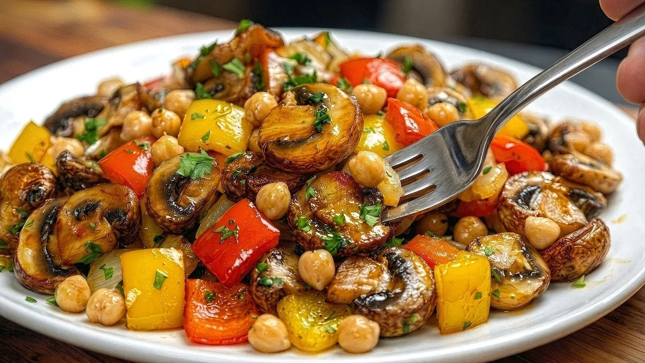 Chickpeas with mushrooms cooked in a pan for a flavorful meatless dish