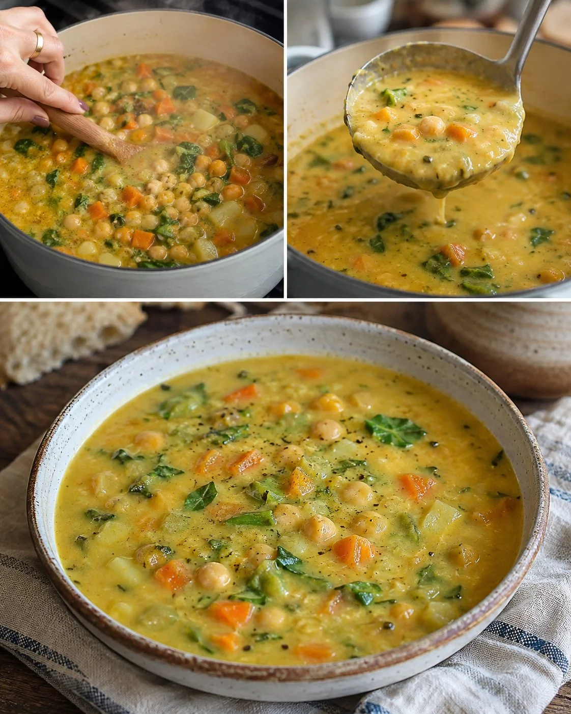 Bowl of creamy chickpea vegetable soup garnished with fresh herbs