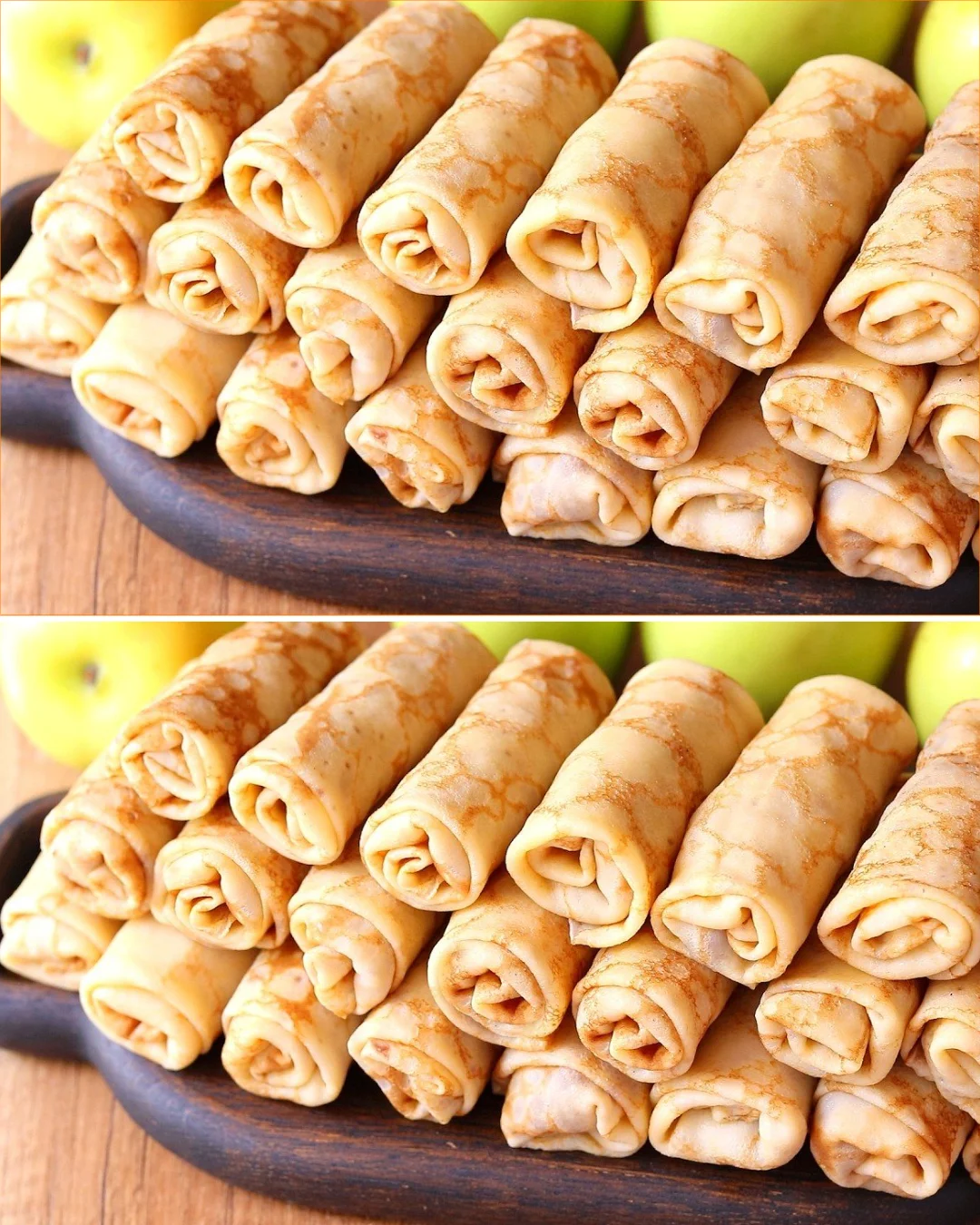 Delicious apple pancakes with aromatic filling topped with syrup
