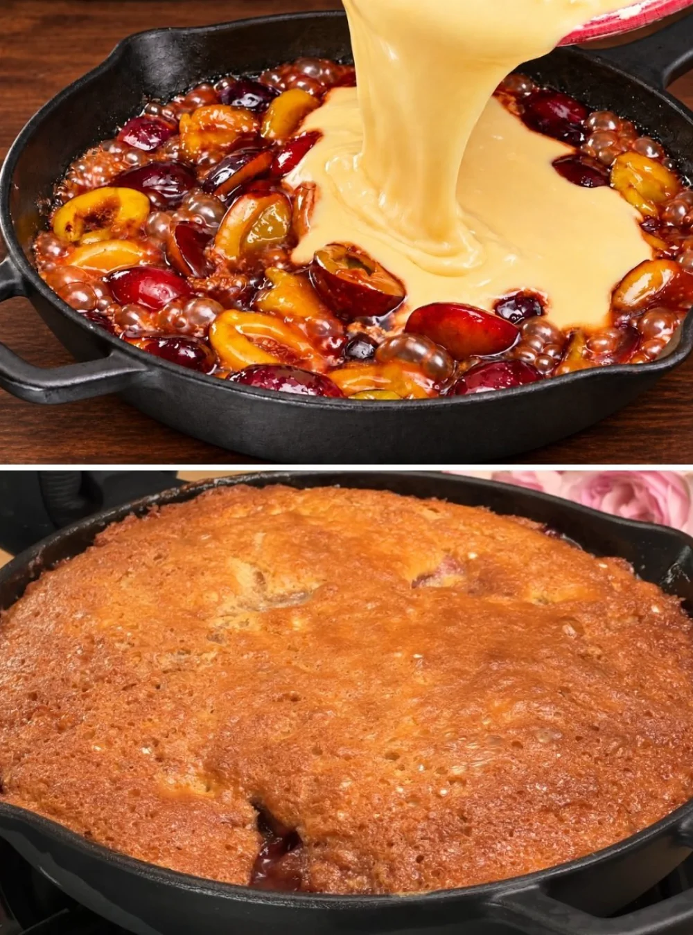 Delicious homemade plum cake baked in a pan with fresh plums.