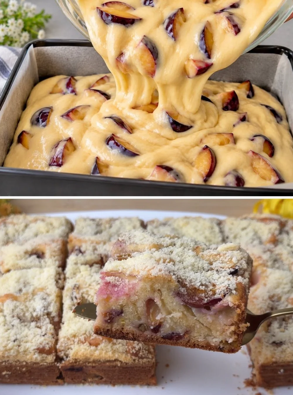 Delicious Grandma's 8-Spoon Plum Cake, ready in 5 minutes, no scales needed.
