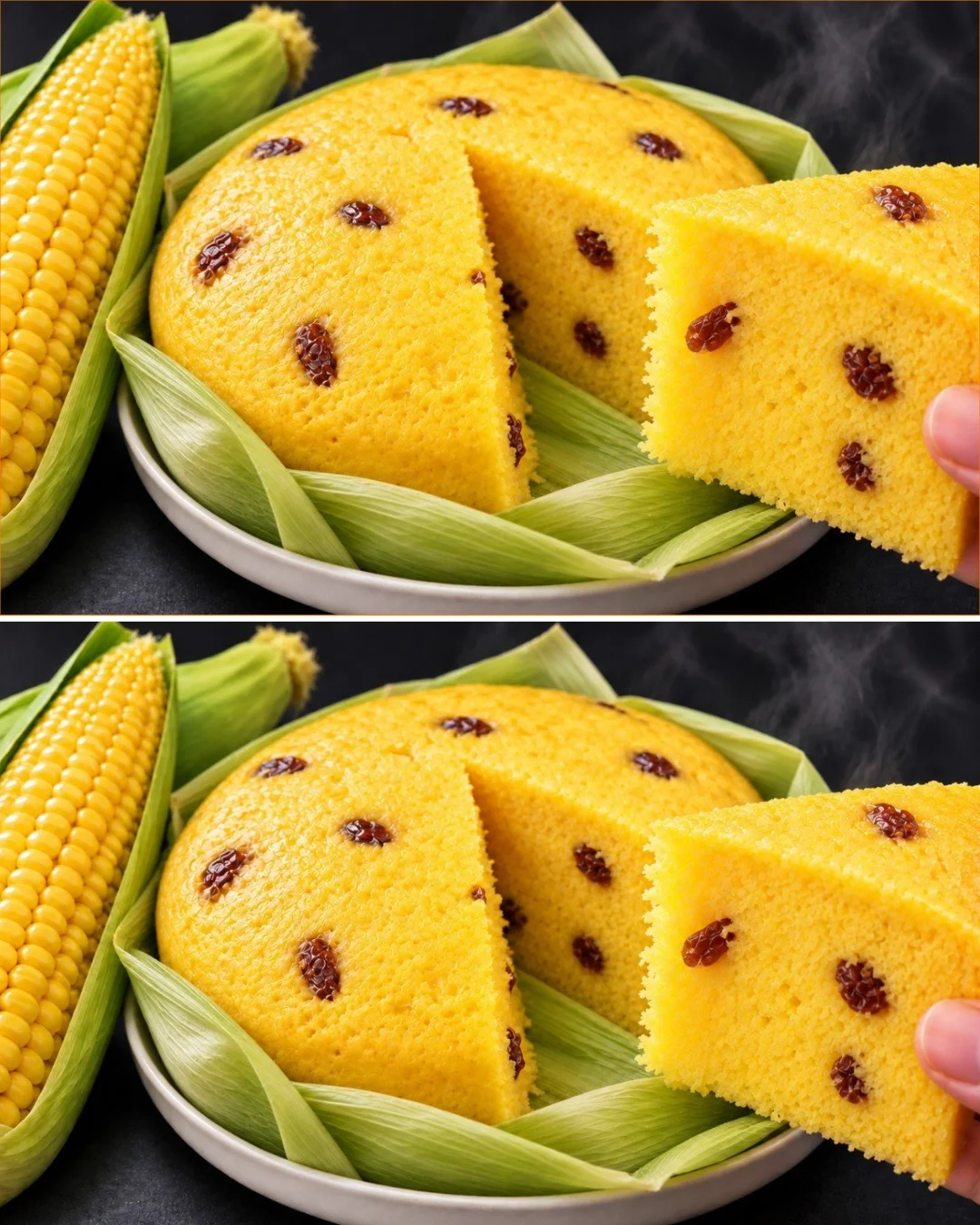 Soft and fluffy steamed corn cakes on a plate with colorful toppings